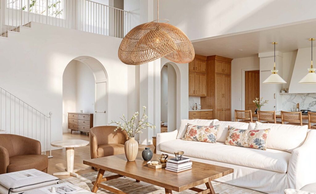 Natural wood pendant light for living room in wabi sabi style