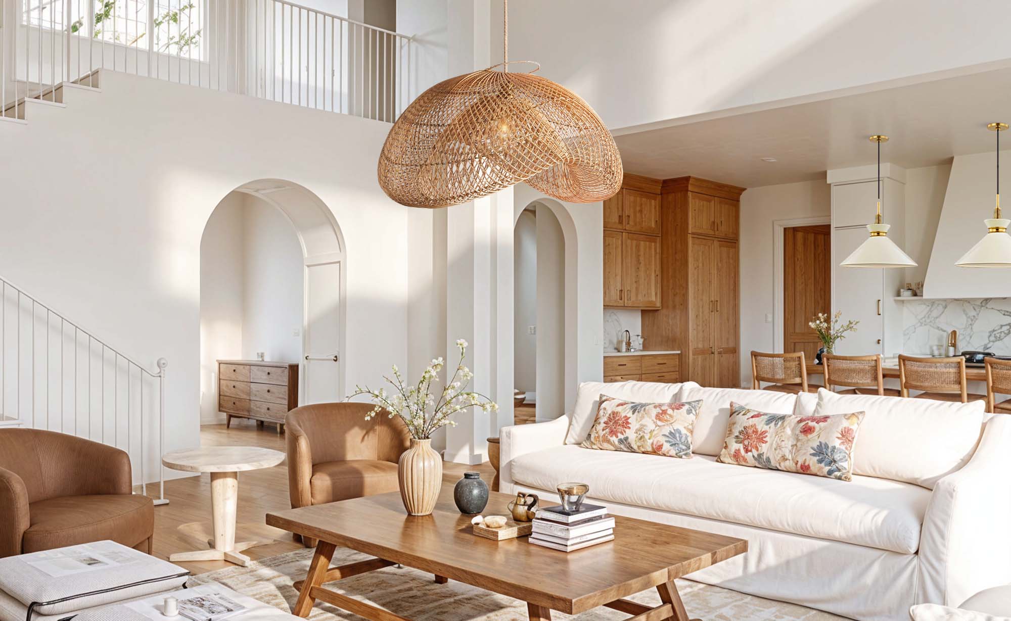 Natural wood pendant light for living room in wabi sabi style